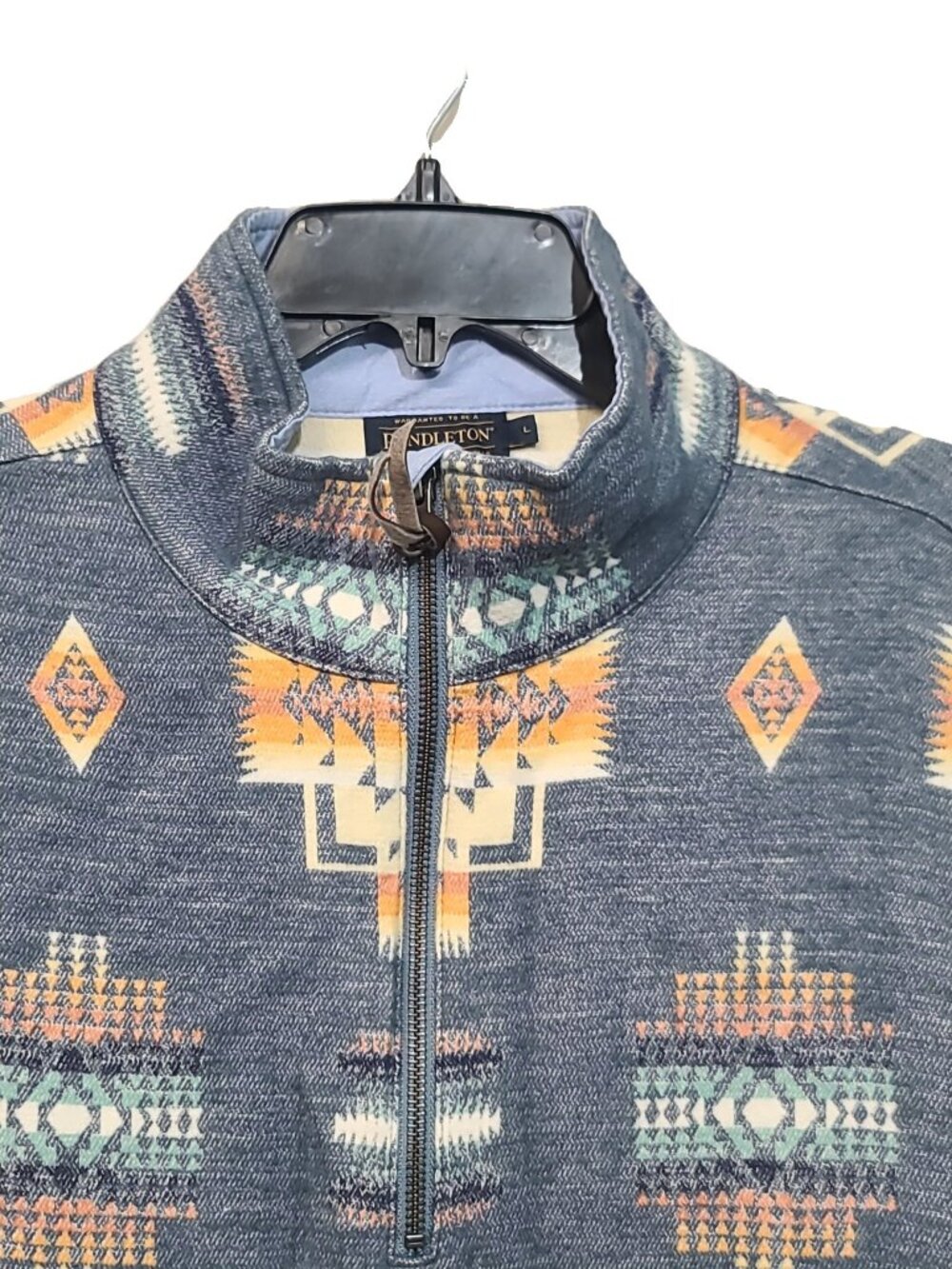Pendleton Jacquard Print Cotton Chamois Half Zip Pullover Sweater L Blue - Picture 3 of 6